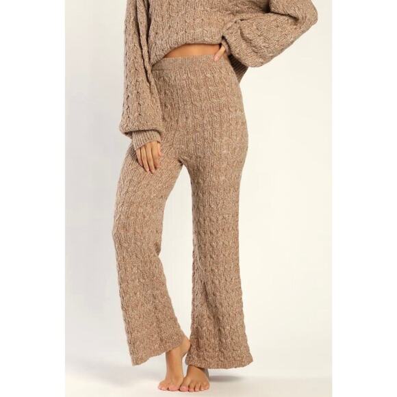 Lulus Twice the Cozy Beige Cable Knit Wide-Leg Lounge Pants Boho Hippie Large - Picture 1 of 6